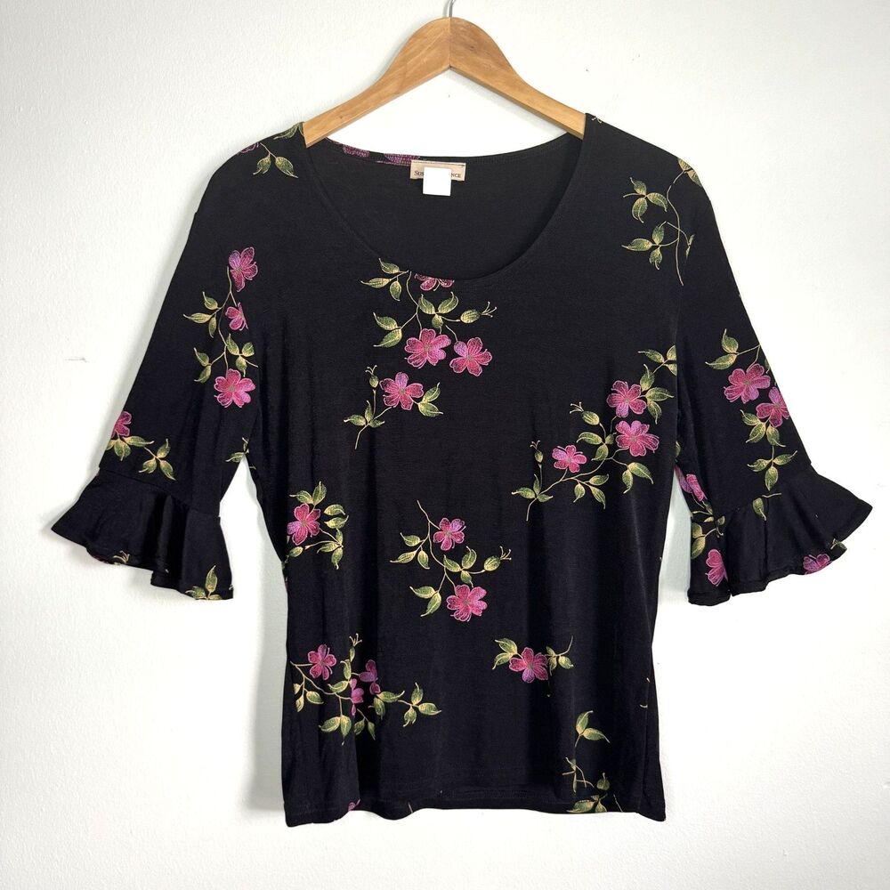 Y2K Whimsigoth Top Womens Medium Black Floral Fairy Ruffle Elbow Sleeve Romantic